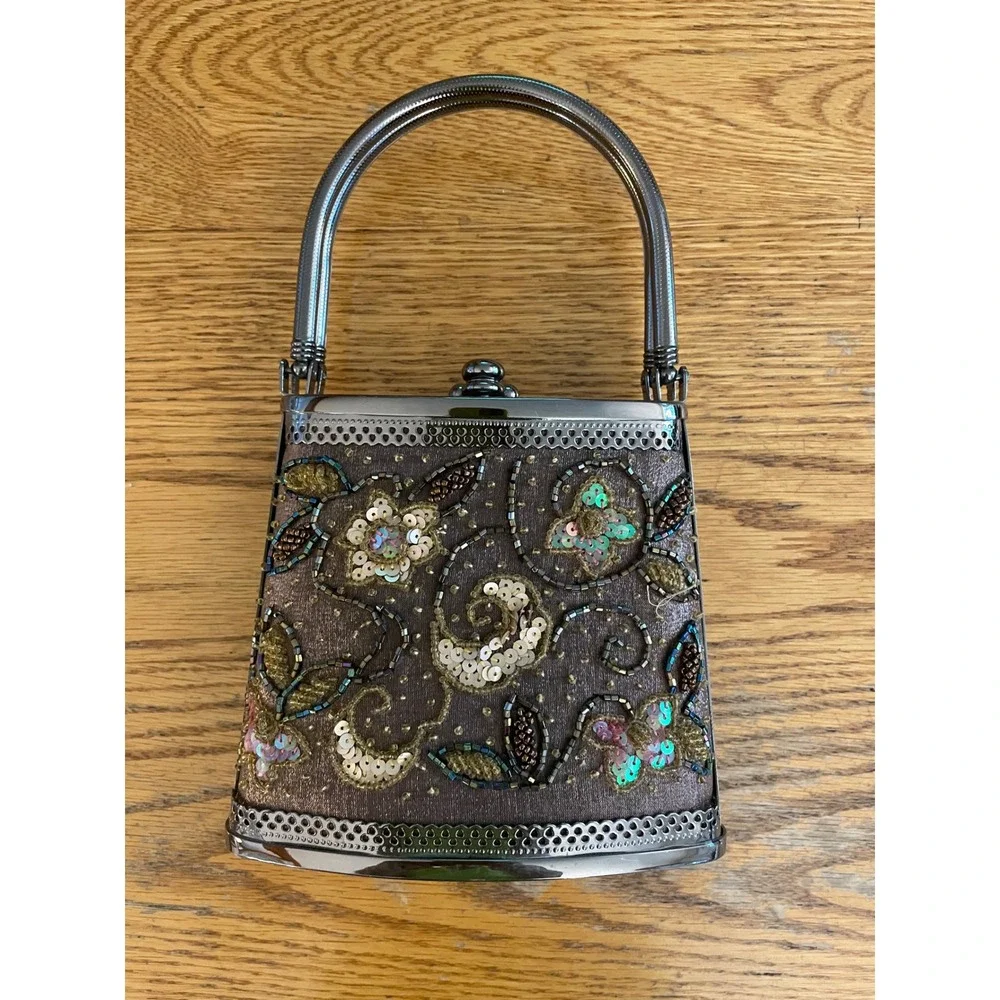 Vintage Style Beaded Floral Evening Bag Gunmetal Frame Bronze Sequin